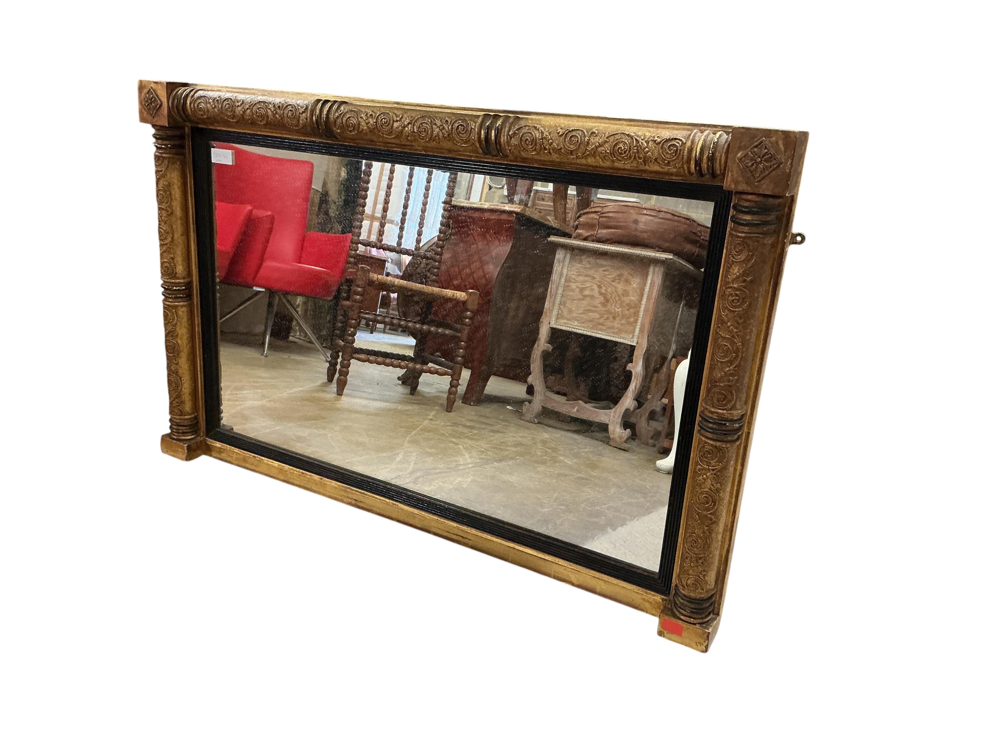 A William IV rectangular giltwood and composition overmantel mirror, width 115cm, height 74cm